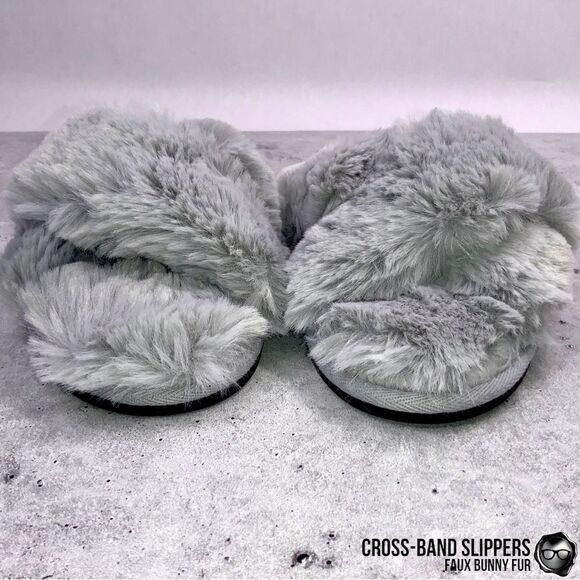 FUZZY FAUX BUNNY FUR CROSS BAND SLIPPERS IN GREY NON-SLIP SIZE MEDIUM 5.5 - 6.5 - Picture 5 of 14